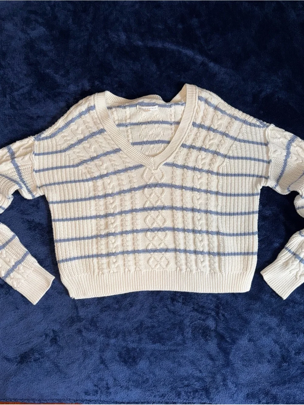 Aeropostale Cream Cable Knit V-Neck Sweater with Light Blue Stripes